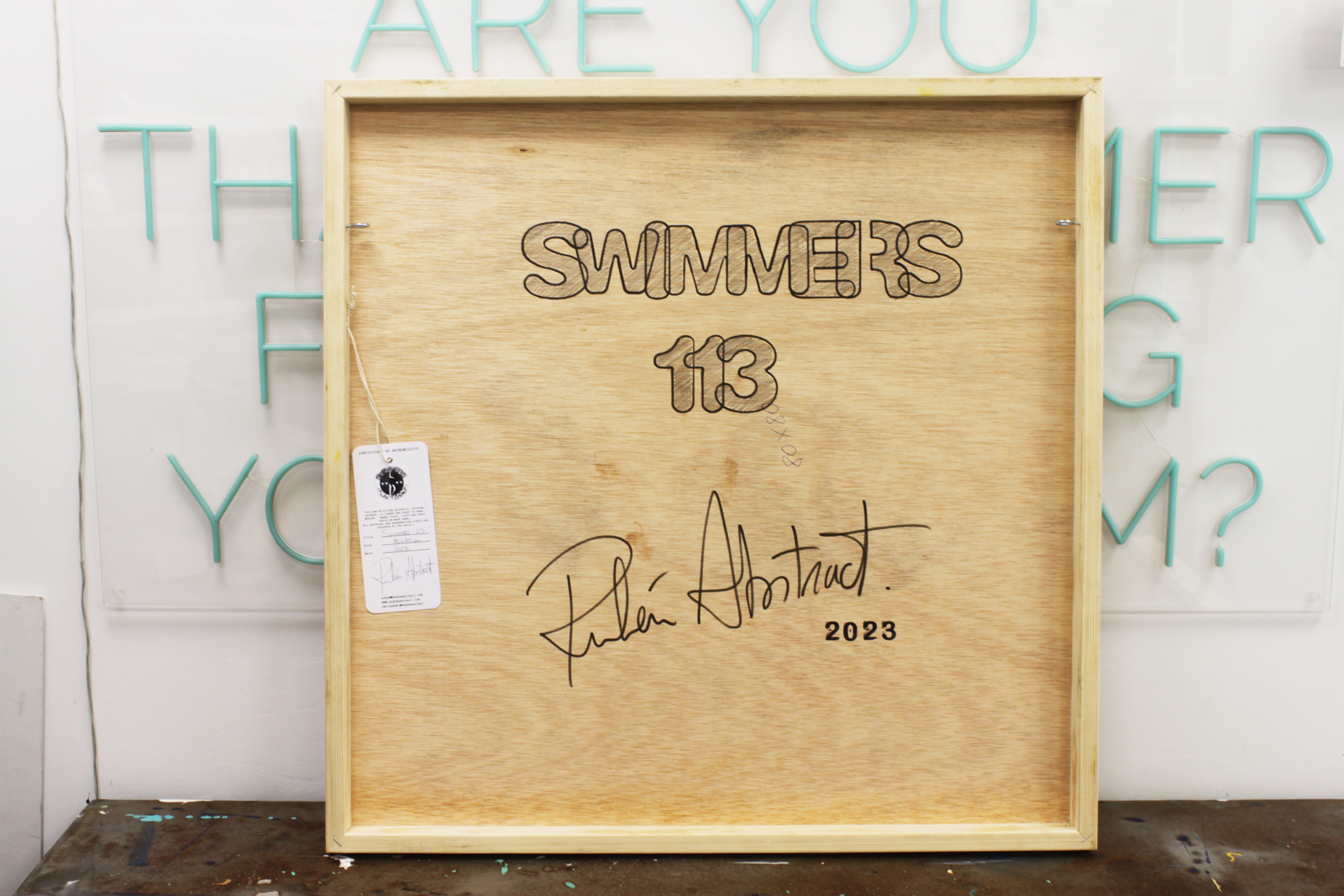 RUBEN ARTIST - Swimmers 113 - Swimmers Plage de Moutarde Summer Mustard Waves Framed in Wood RUBEN ARTIST - Swimmers 113 - Swimmers Plage de Moutarde Summer Mustard Waves Framed in Wood