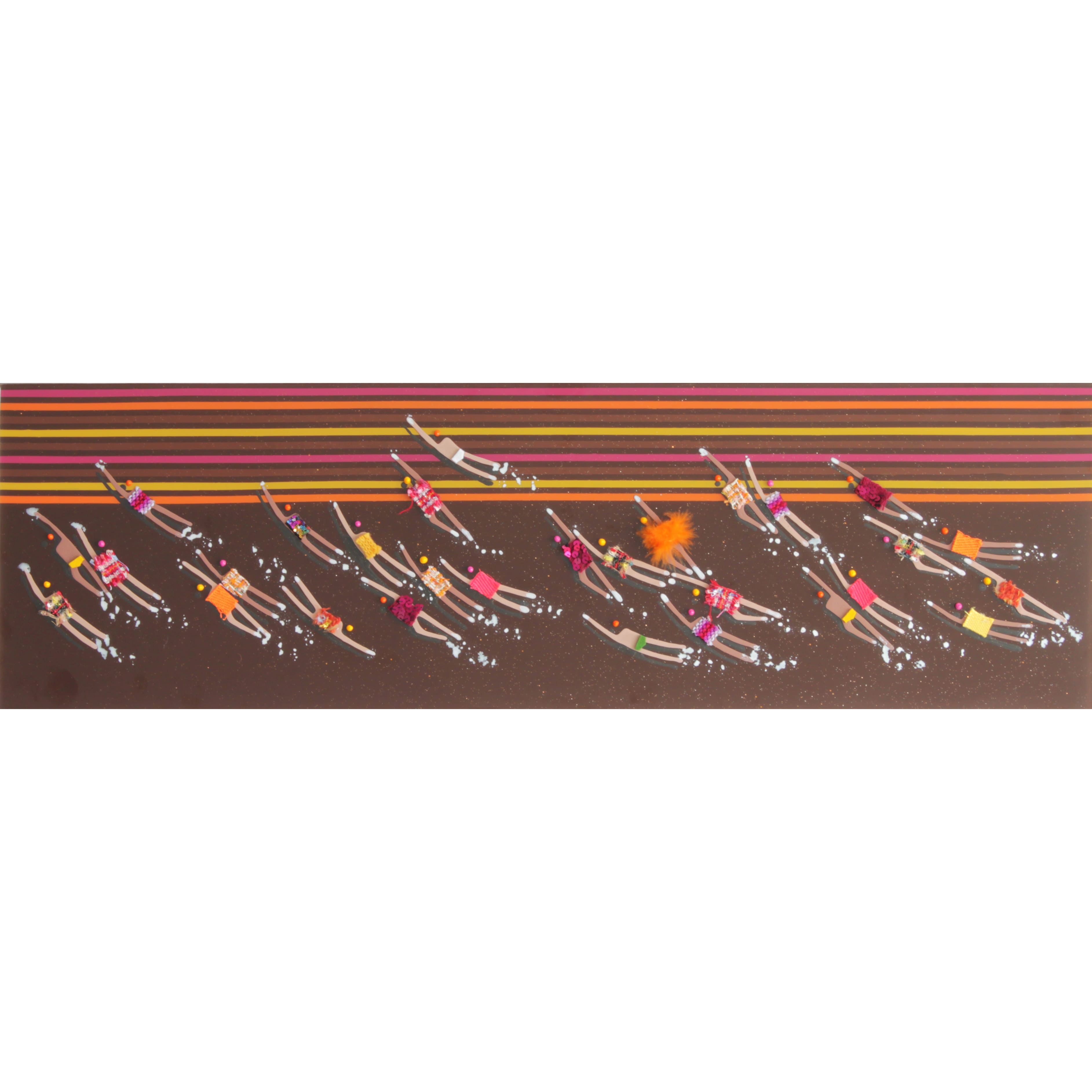 RUBEN ARTIST - Swimmers 287 - Swimmers Brown Bright California Beach with Orange Pink Yellow Striped Abstract Contemporary Seascape