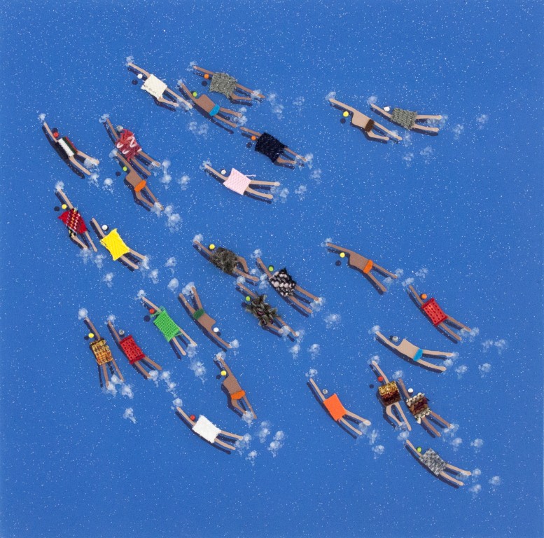 RUBEN ARTIST - Swimmers 388 - swimmers abstract blue resin painting on wood Mediana